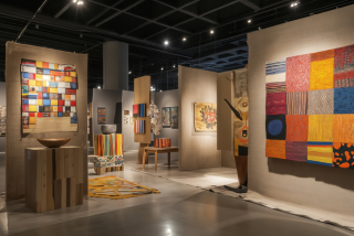 Galeria de arte contemporânea com diversas obras coloridas expostas em painéis, incluindo quadros abstratos e peças artesanais, em um ambiente iluminado e organizado.